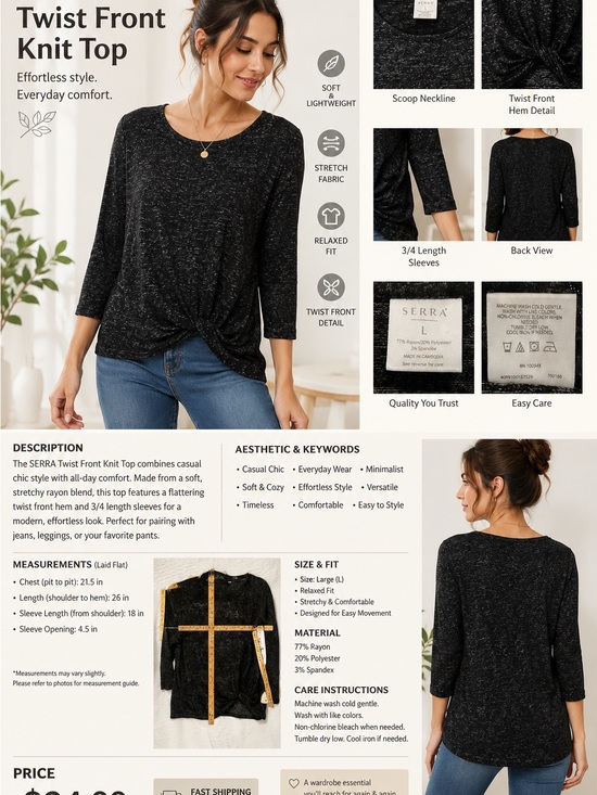 Sierra Tops - Serra Black Heather Twist-Front Long Sleeve Tee